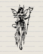 Succubus fairy tattoo stencil with horns, wings, and heart staff, gothic dark feminine design blending witchy fantasy and occult energy