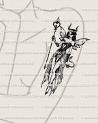 Succubus inspired fairy tattoo stencil on women’s arm, demon wings and heart staff in fine line cyber gothic style, shown as digital fantasy tattoo artwork.