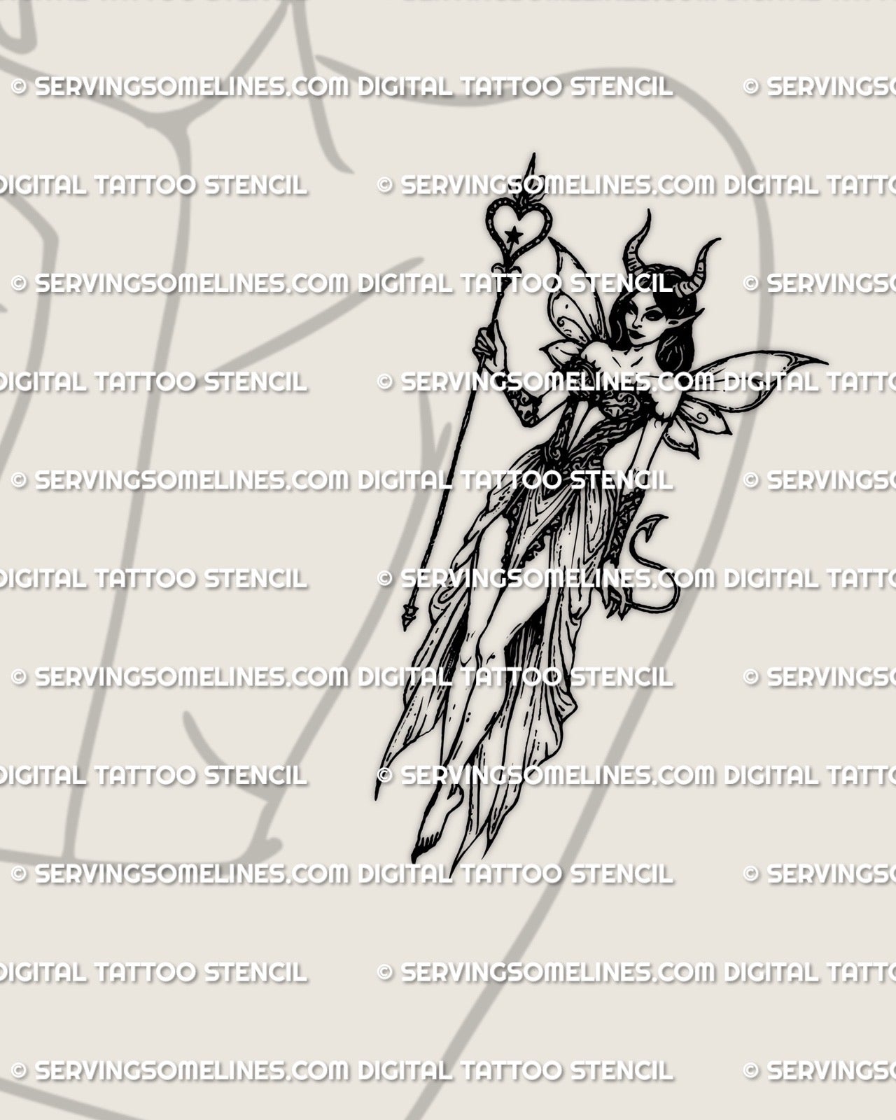 Succubus inspired fairy tattoo stencil on women’s arm, demon wings and heart staff in fine line cyber gothic style, shown as digital fantasy tattoo artwork.