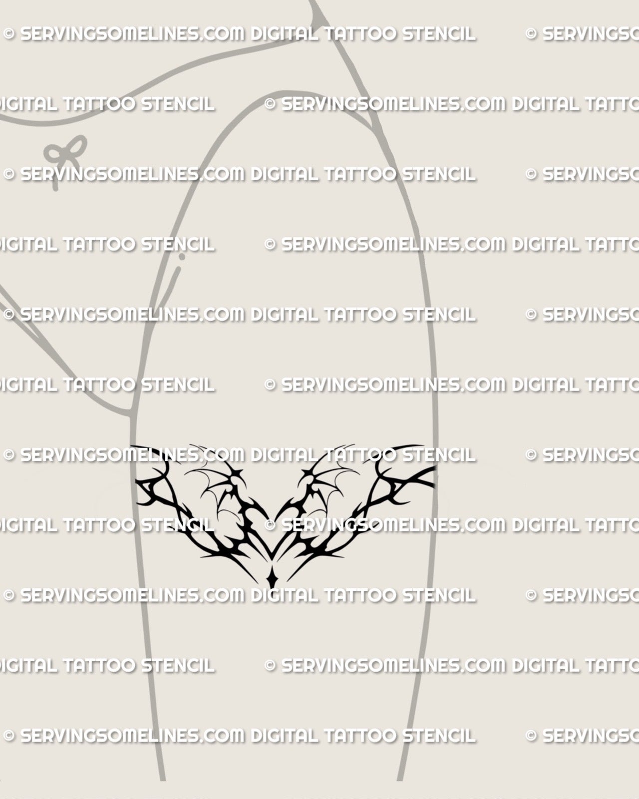 succubus inspired heart with dark wing curves tattoo stencil shown on front thigh giving a feminine shaped placement that follows leg lines