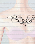 succubus blackwork heart with wing shapes tattoo stencil shown on womens chest where the wide design follows the upper chest curve
