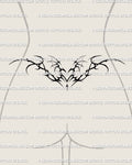 succubus blackwork heart with winged shapes tattoo stencil shown on womens lower back to highlight a bold dark waistline placement