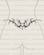 succubus blackwork heart with winged shapes tattoo stencil shown on womens lower back to highlight a bold dark waistline placement