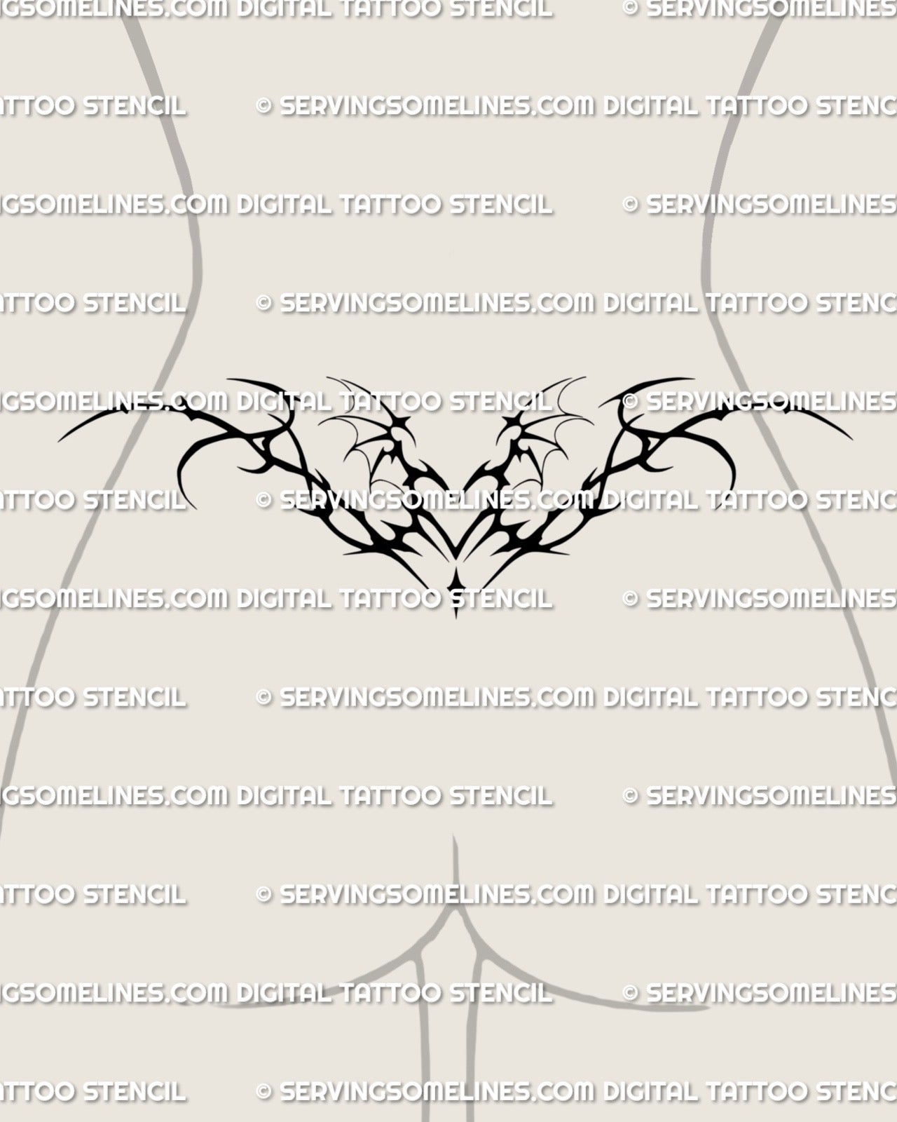 succubus blackwork heart with winged shapes tattoo stencil shown on womens lower back to highlight a bold dark waistline placement