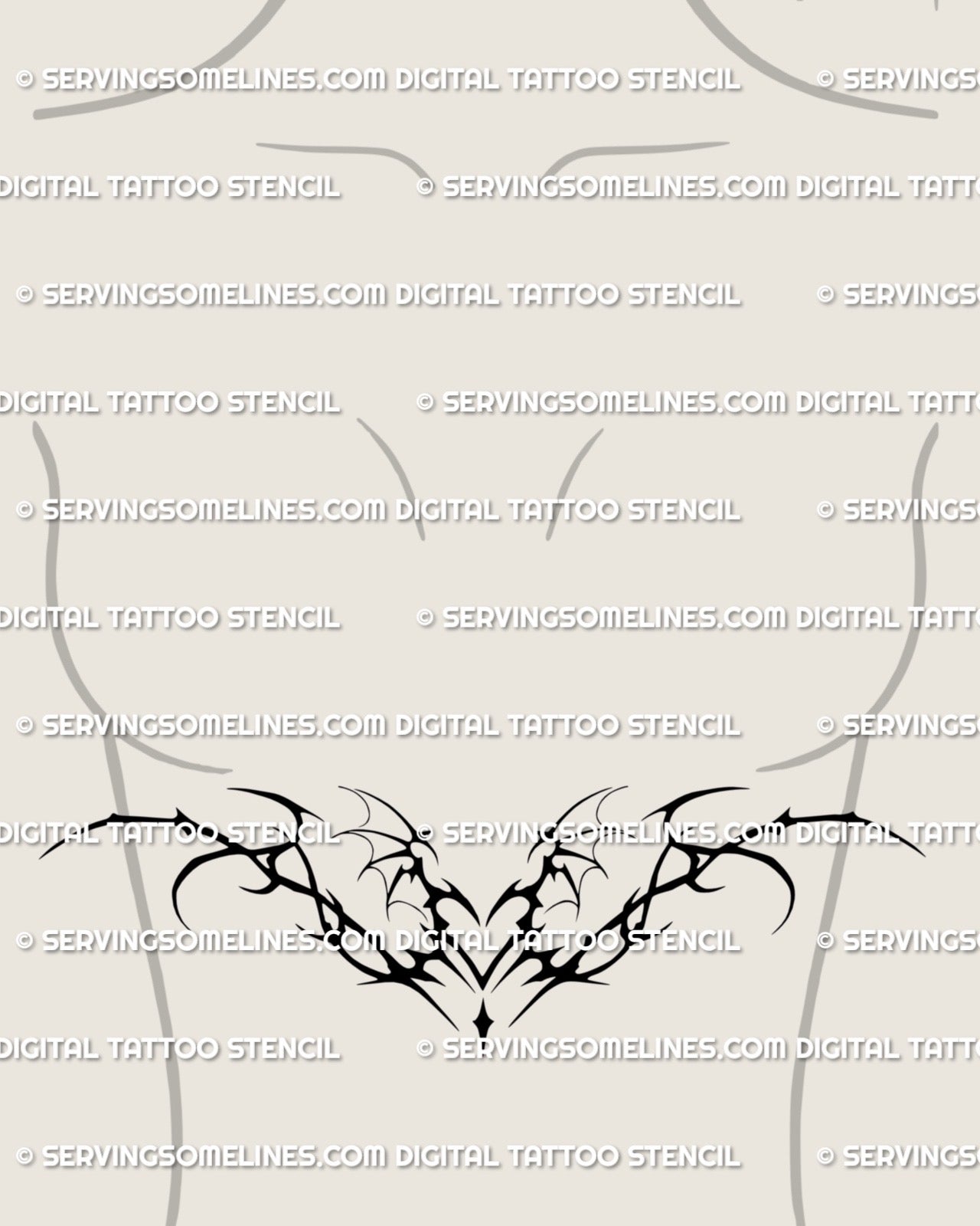 succubus sigil heart with upward wing shapes tattoo stencil shown under the breast along the sternum to highlight a curved feminine placement