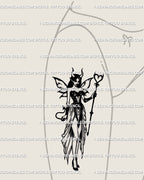 Thigh or hip tattoo idea showing succubus fairy gothic stencil with horns, staff, and fantasy wings, dark feminine occult energy 