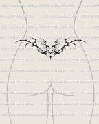 tribal succubus heart and wing blackwork tattoo stencil positioned across the lower back for a classic waistline tramp stamp style look