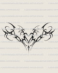 bold succubus style womb tattoo stencil with solid black heart and bat like wings shaped for dark feminine stomach designs