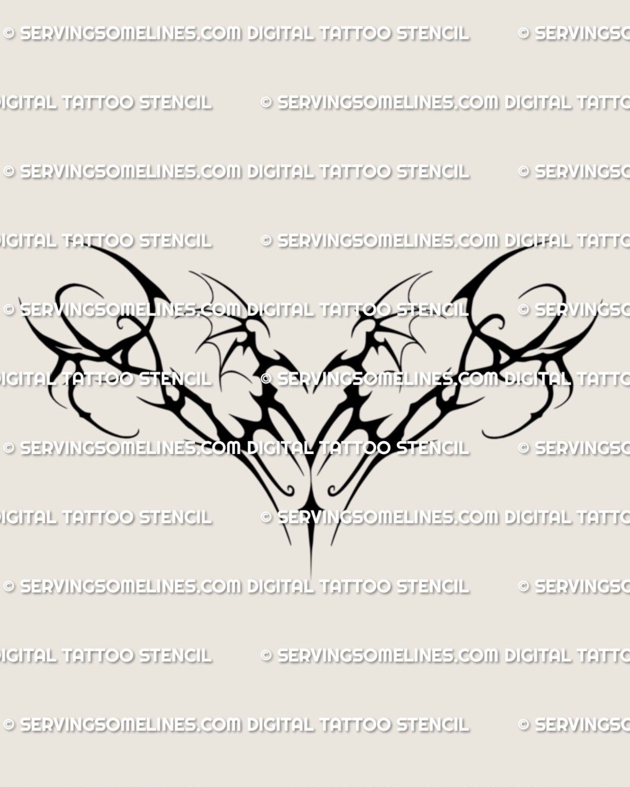bold succubus style womb tattoo stencil with solid black heart and bat like wings shaped for dark feminine stomach designs
