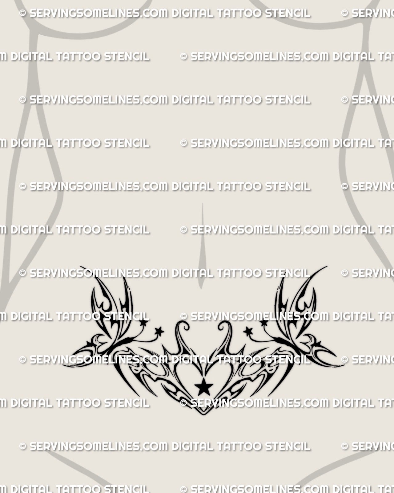 succubus womb tattoo shown on the lower stomach with a butterfly tribal heart and soft Y2K star accents in a clean digital stencil preview