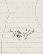 Succubus heart womb tattoo stencil in cyber neotribal style, placed under the belly button as a feminine stomach centerpiece design.