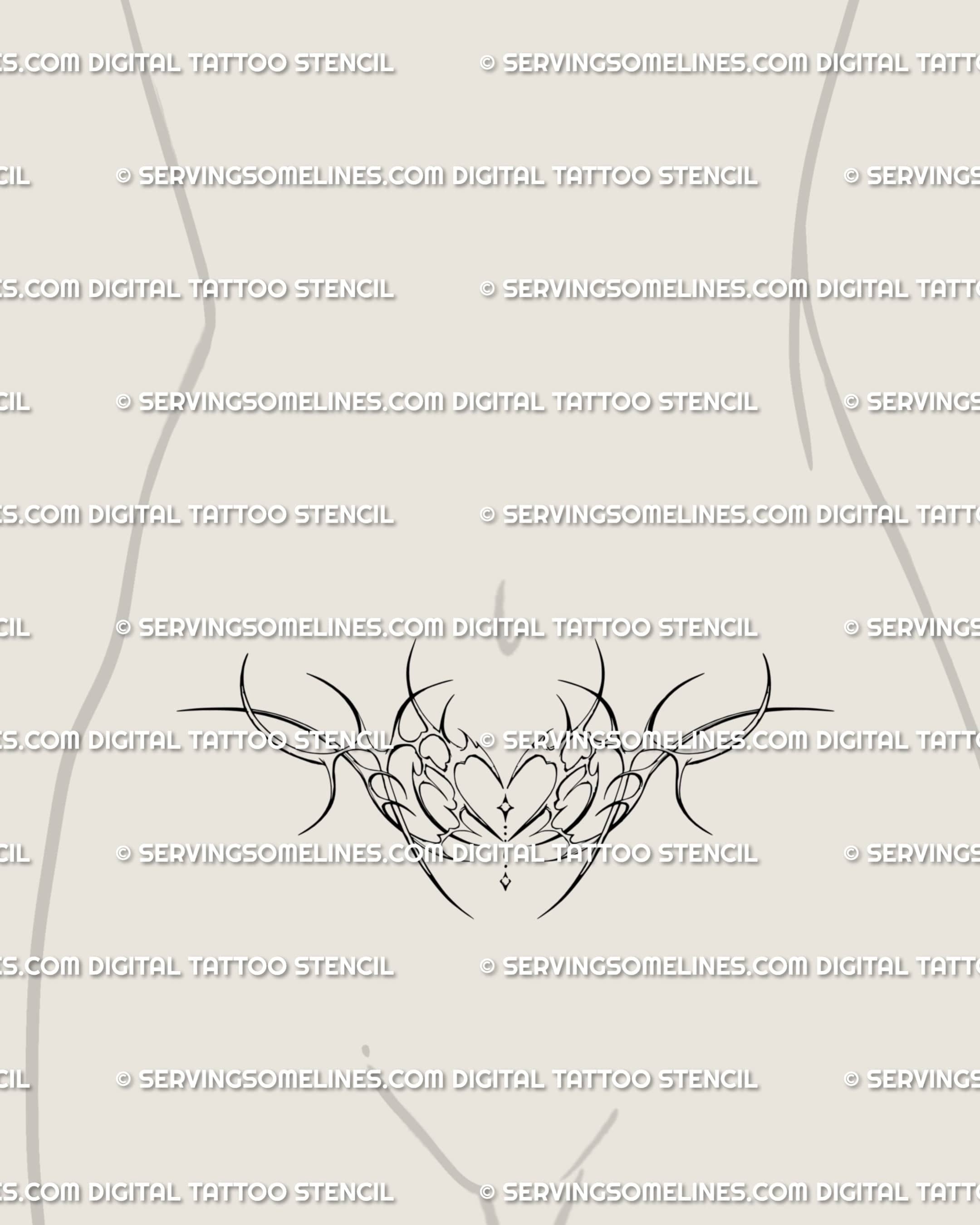 Succubus heart womb tattoo stencil in cyber neotribal style, placed under the belly button as a feminine stomach centerpiece design.