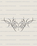 Full succubus heart womb tattoo stencil showing symmetrical cyber neotribal lines and ornamental sparkle details for belly placement.