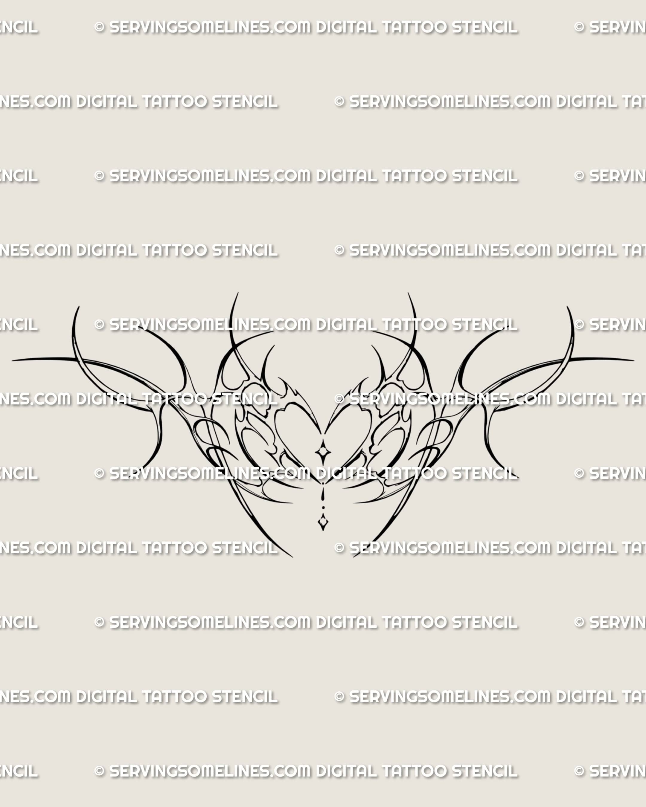 Full succubus heart womb tattoo stencil showing symmetrical cyber neotribal lines and ornamental sparkle details for belly placement.
