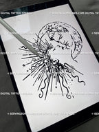 Sun and moon kissing tattoo stencil shown on iPad, celestial line art with stars, minimalist duality design for chest, back, or shoulder.