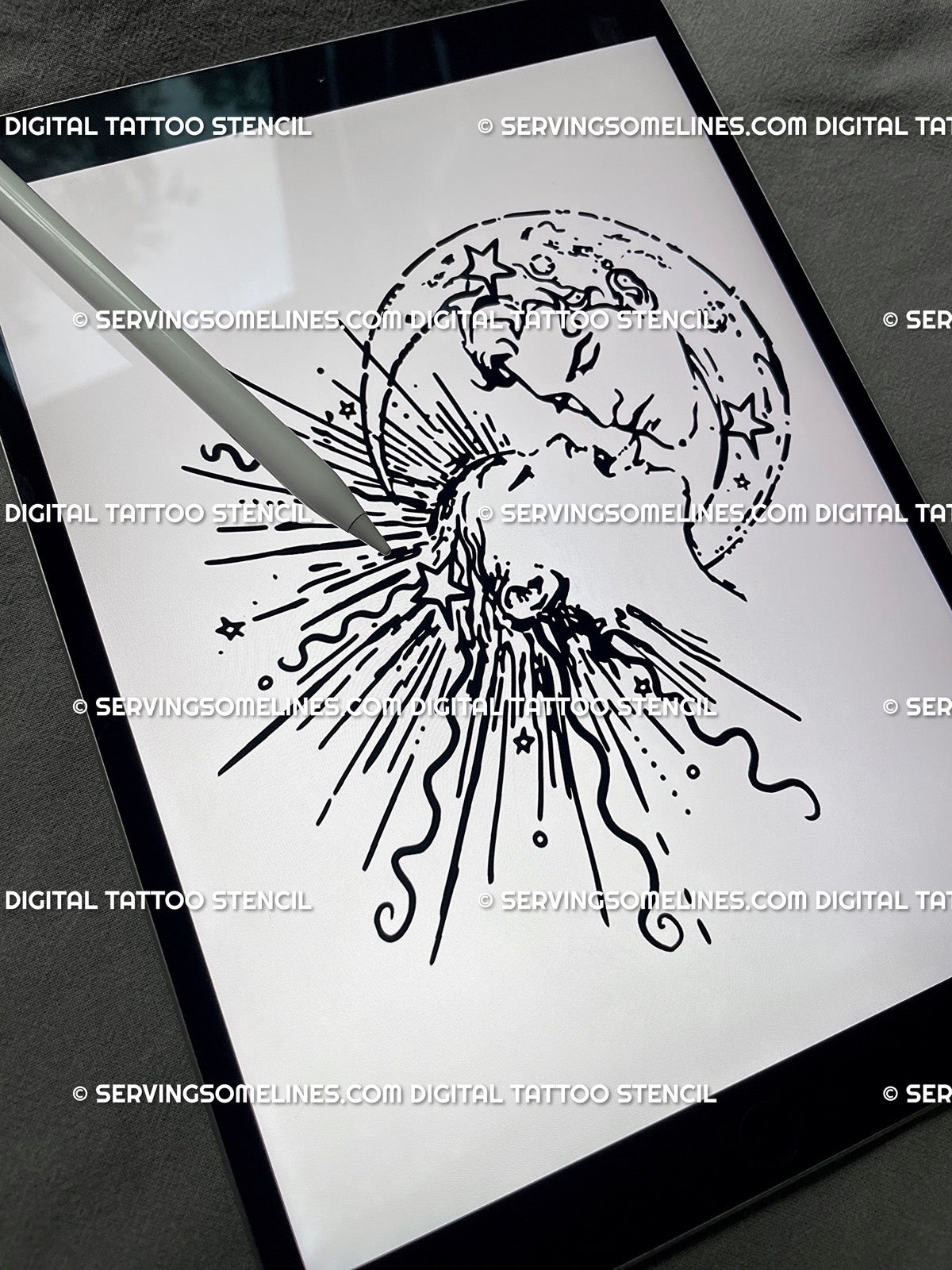 Sun and moon kissing tattoo stencil shown on iPad, celestial line art with stars, minimalist duality design for chest, back, or shoulder.