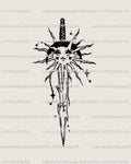 Celestial sword tattoo stencil with sun and moon details, cyber line art and star sparkles, modern symbolic digital design for arms or legs. 