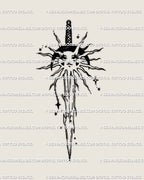 Celestial sword tattoo stencil with sun and moon details, cyber line art and star sparkles, modern symbolic digital design for arms or legs. 