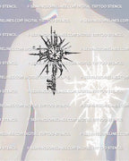Sun key tattoo stencil shown on mens shoulder blade placement, sunburst rays and crisp linework, readable at medium size.