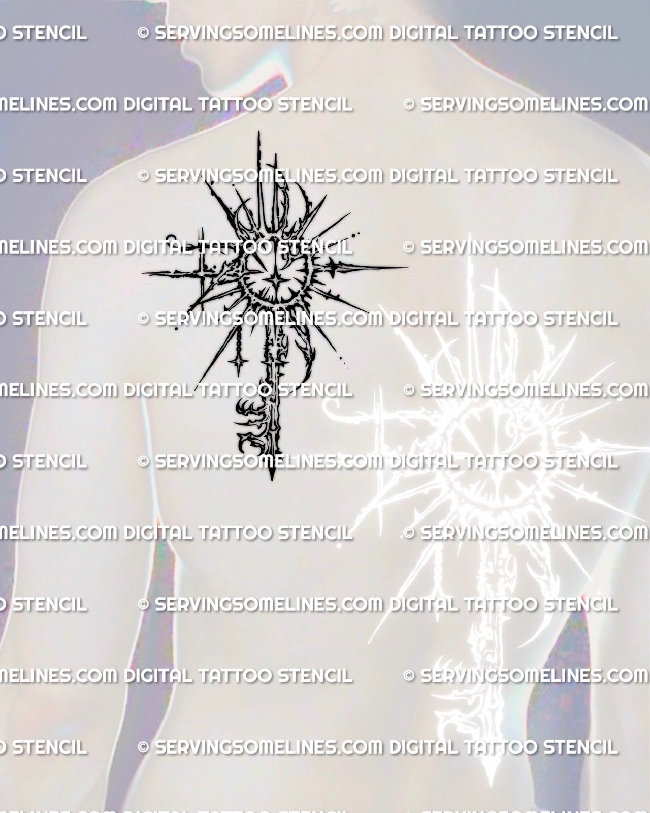 Sun key tattoo stencil shown on mens shoulder blade placement, sunburst rays and crisp linework, readable at medium size.