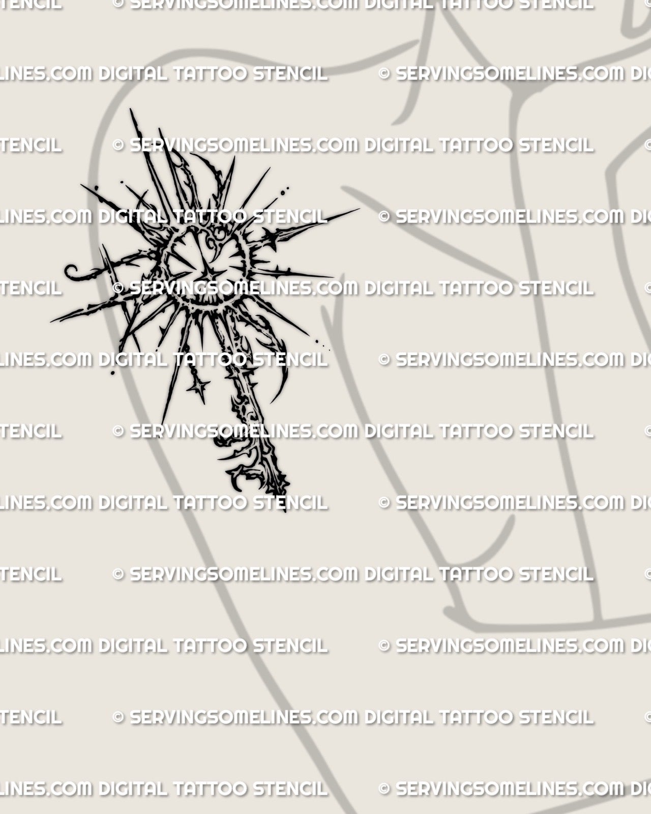 Sun key tattoo stencil shown on womens arm placement, sunburst rays and bold outline, clean readable shape.