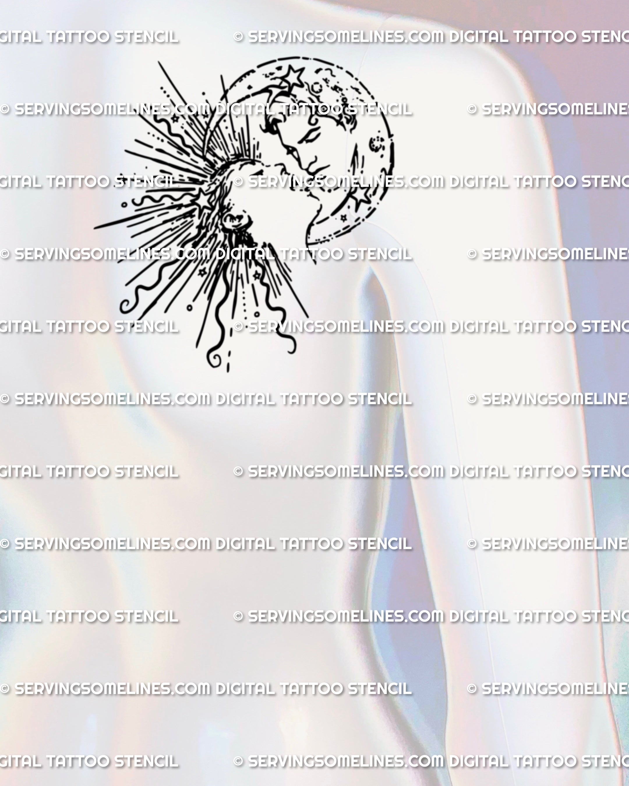 Back shoulder tattoo placement showing a sun moon kiss tattoo design with celestial star details. Neotribal-inspired duality stencil in balanced line art.