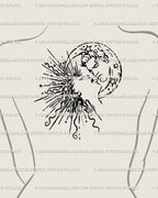 Medium-sized feminine back tattoo idea of a sun and moon kissing stencil with stars, symbolic celestial duality artwork in clean line art tattoo style.