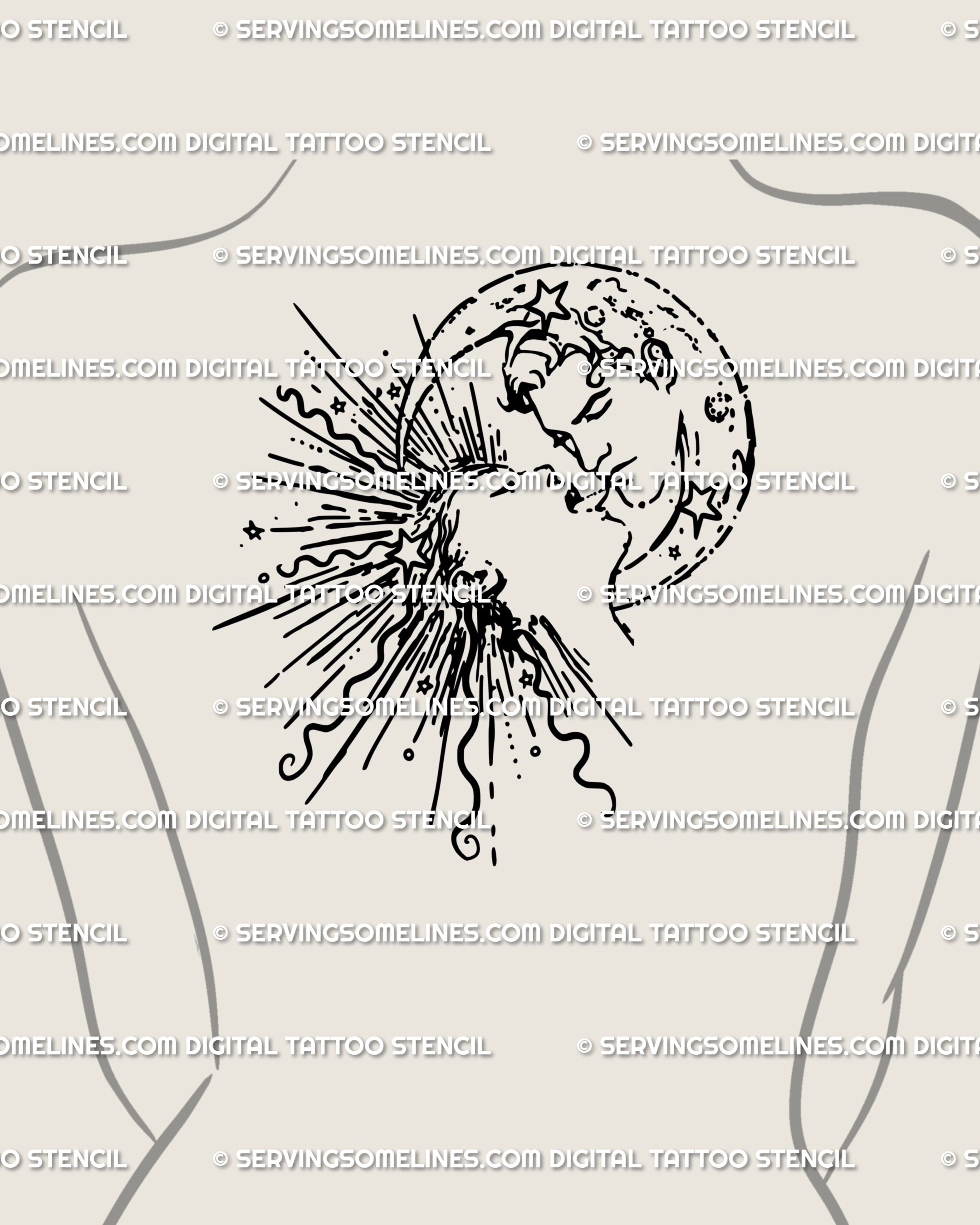 Medium-sized feminine back tattoo idea of a sun and moon kissing stencil with stars, symbolic celestial duality artwork in clean line art tattoo style.