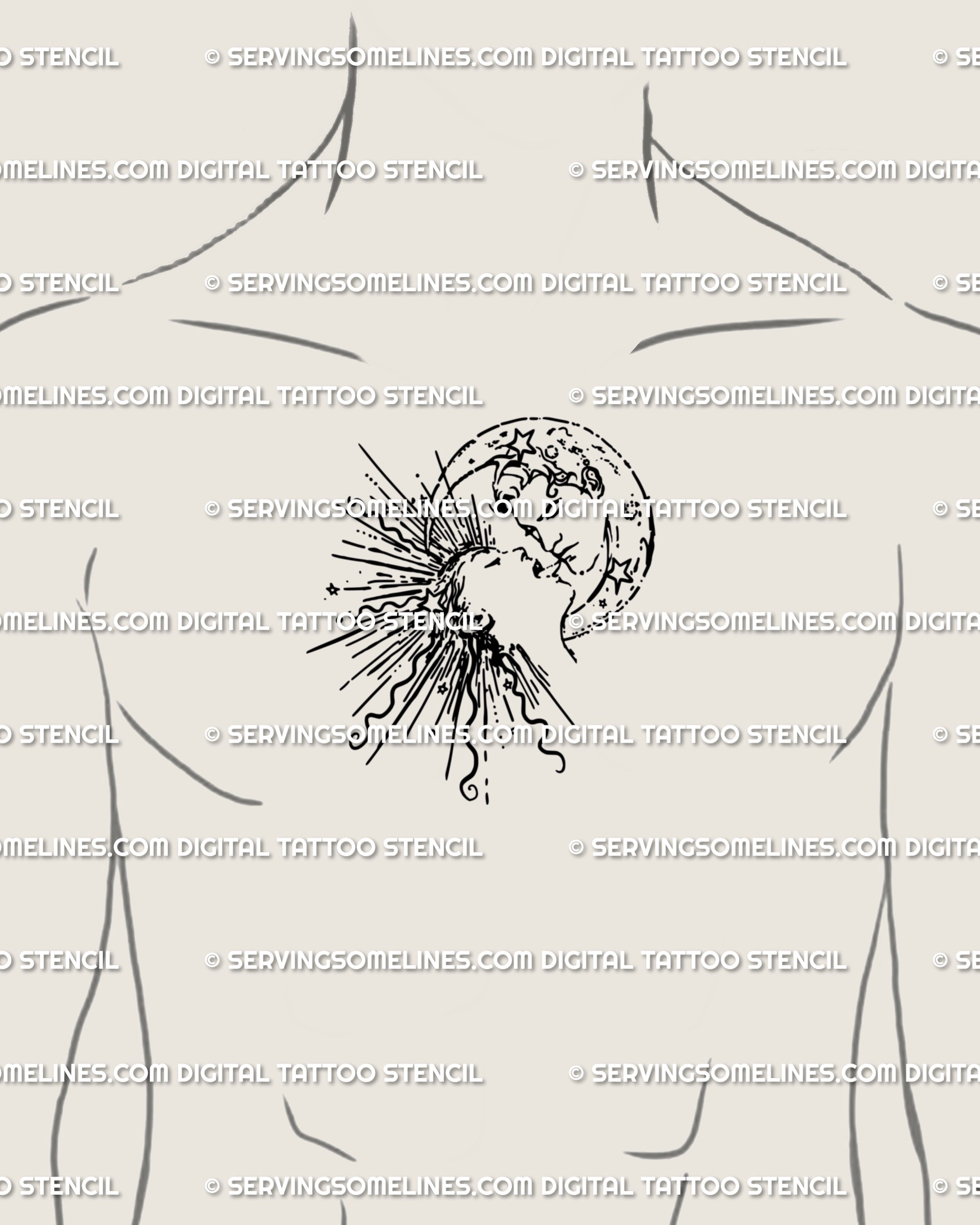 Male chest tattoo centerpiece of a bold sun and moon kissing tattoo design. Celestial duality stencil artwork with stars, built for strong chest placements.