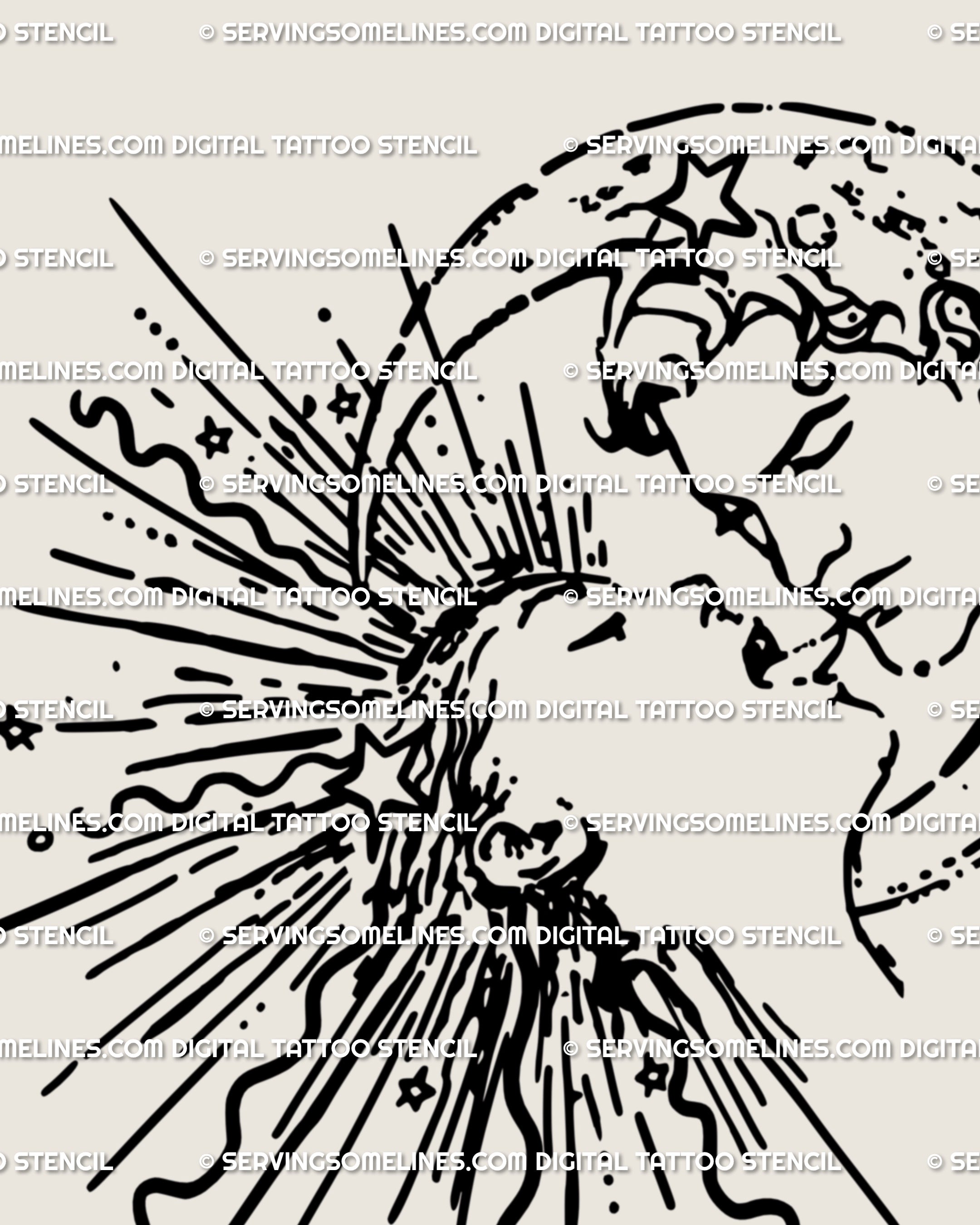 Close-up of sun moon tattoo stencil showing two faces kissing with star accents. Celestial line art blackwork design, clean details for stencil-ready download.
