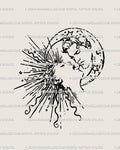 Hand-drawn sun moon kissing tattoo stencil with stars, celestial line art in blackwork style, printable digital download for tattoo artists.