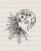 Hand-drawn sun moon kissing tattoo stencil with stars, celestial duality line art design in blackwork style. Digital download, ready to print as tattoo stencil.