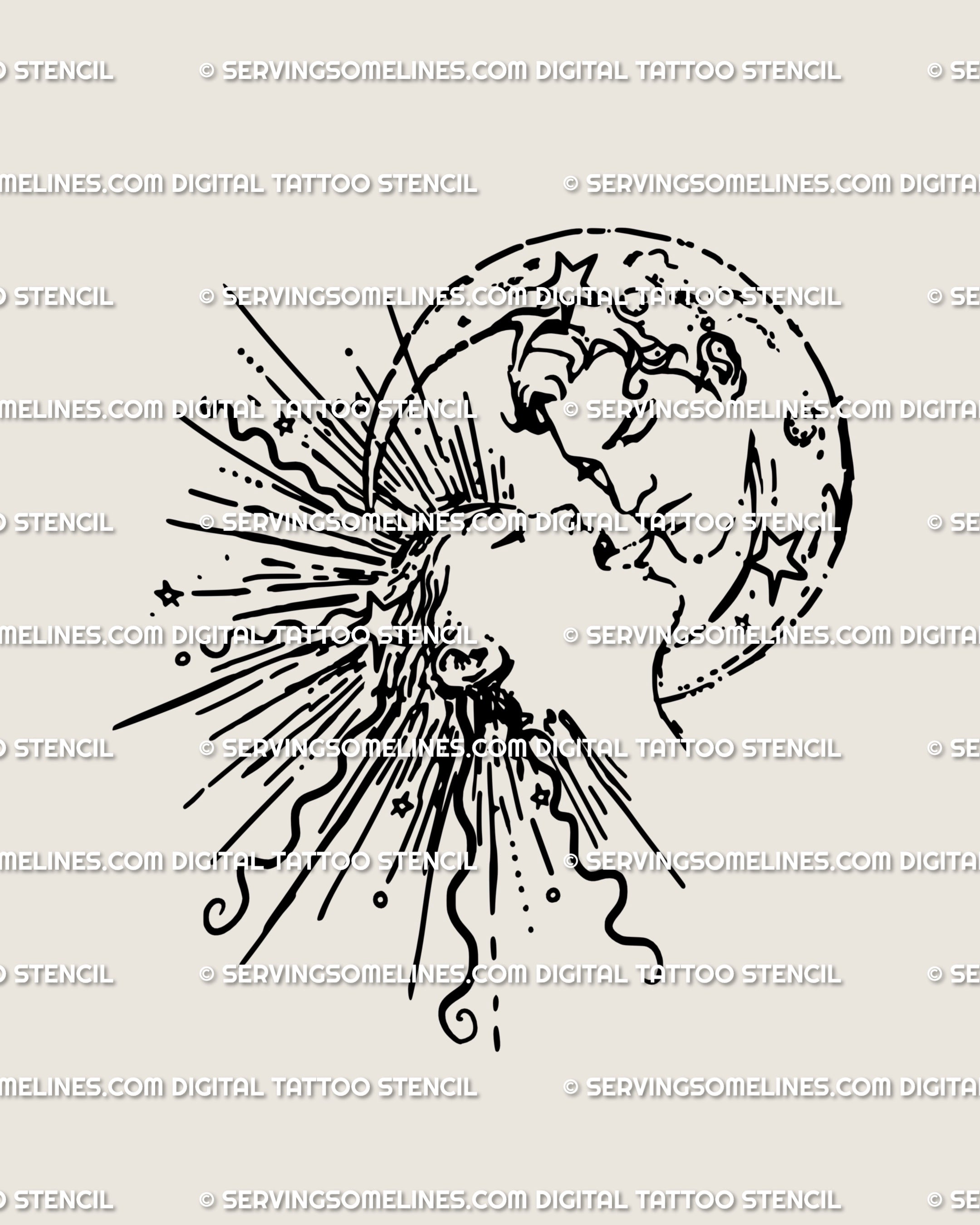 Hand-drawn sun moon kissing tattoo stencil with stars, celestial duality line art design in blackwork style. Digital download, ready to print as tattoo stencil.