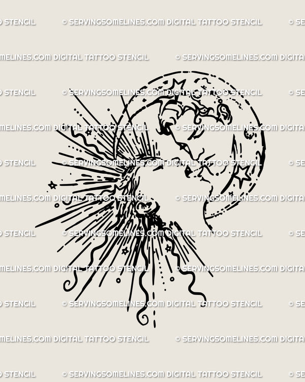 Hand-drawn sun moon kissing tattoo stencil with stars, celestial duality line art design in blackwork style. Digital download, ready to print as tattoo stencil.