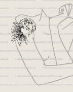 Female shoulder tattoo idea featuring a sun and moon kiss stencil with star details, a celestial duality tattoo design in fine line art for feminine placements.