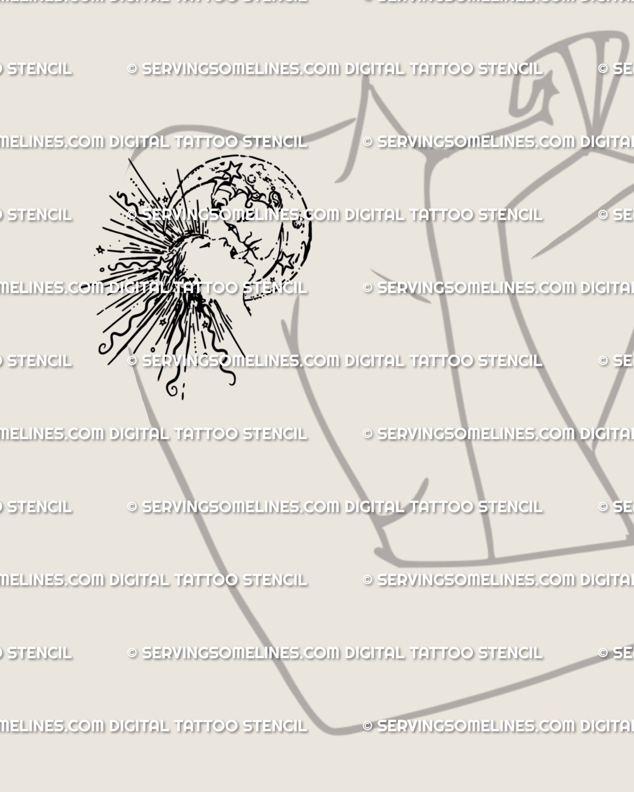Female shoulder tattoo idea featuring a sun and moon kiss stencil with star details, a celestial duality tattoo design in fine line art for feminine placements.