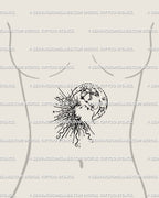 Female sternum tattoo design featuring a sun and moon kiss stencil with star accents. Celestial duality tattoo artwork in fine line art, symbolic and bold.