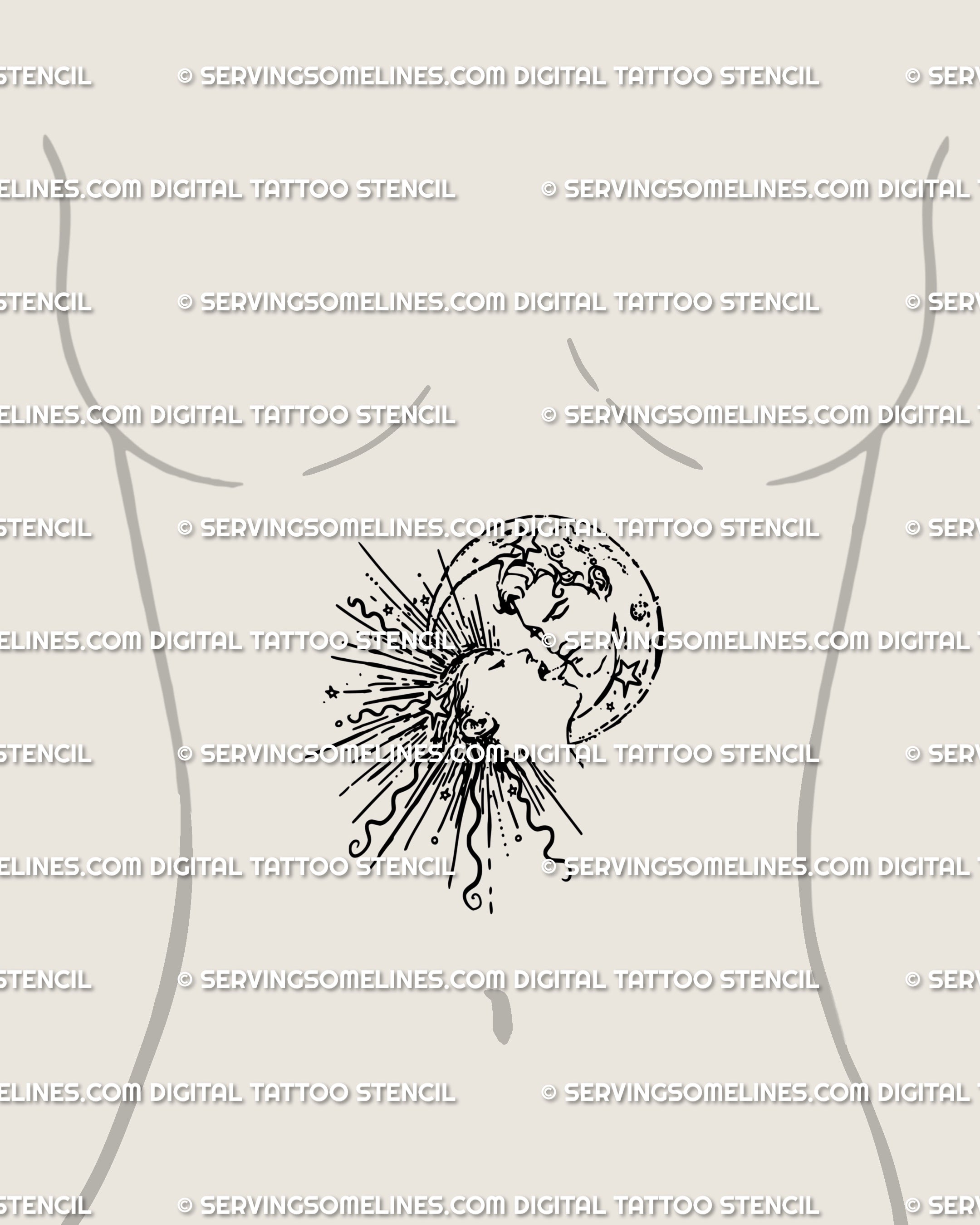 Female sternum tattoo design featuring a sun and moon kiss stencil with star accents. Celestial duality tattoo artwork in fine line art, symbolic and bold.