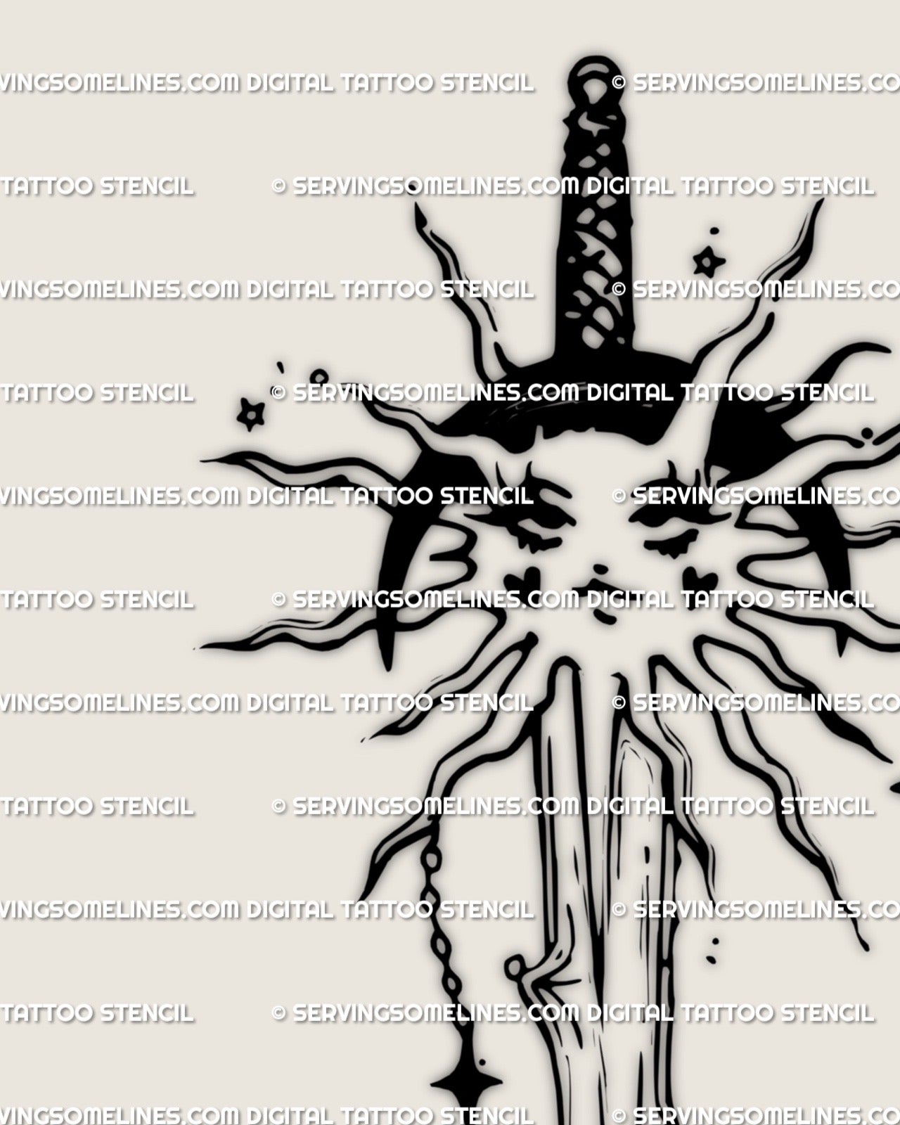 Sun and moon sword tattoo shown on woman’s arm, celestial cyber line art with radiant rays, cute star details and elegant symbolic meaning.