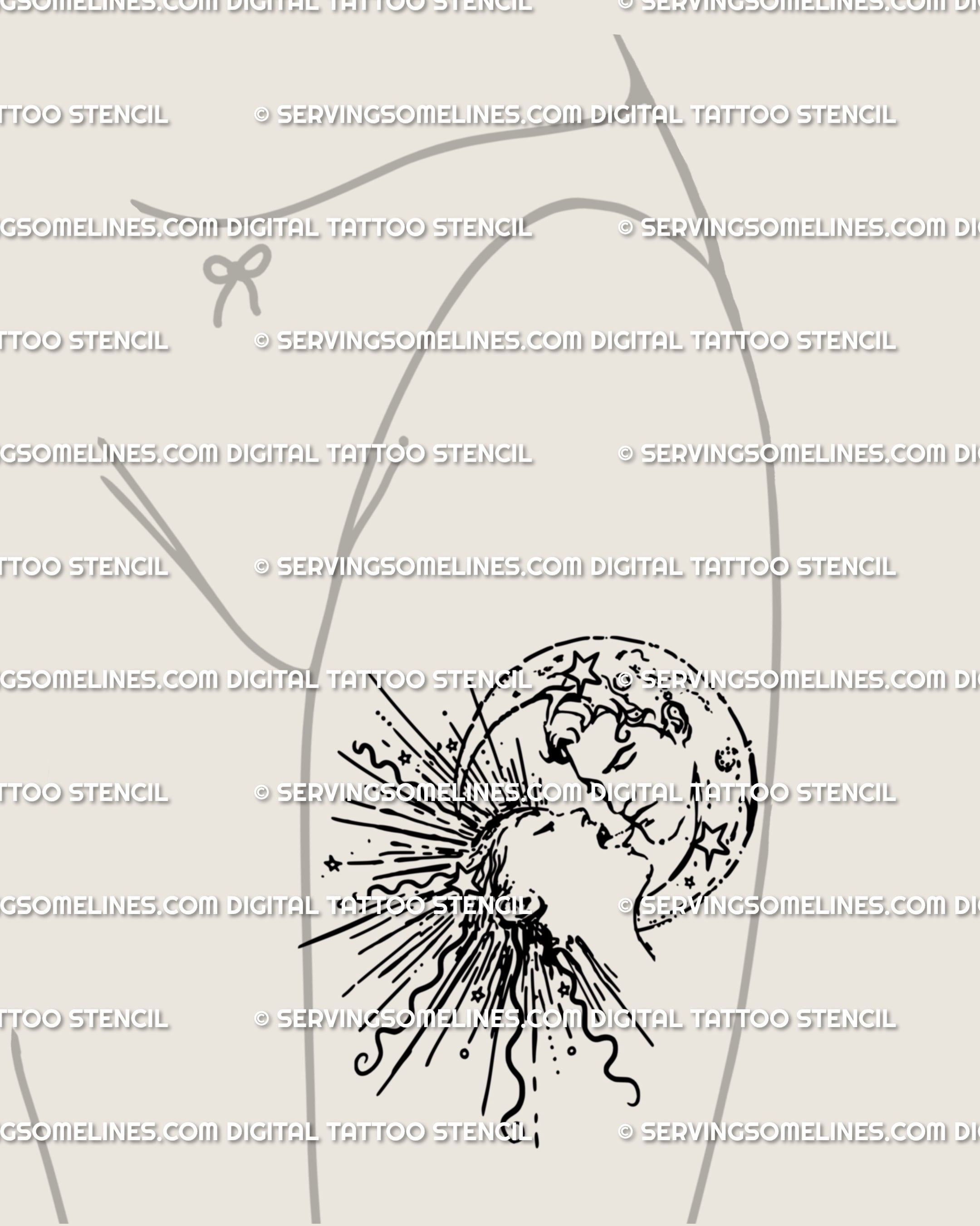 Front thigh tattoo stencil of a sun moon kissing tattoo with stars. Celestial duality design for bold leg placements, blackwork line art digital download.