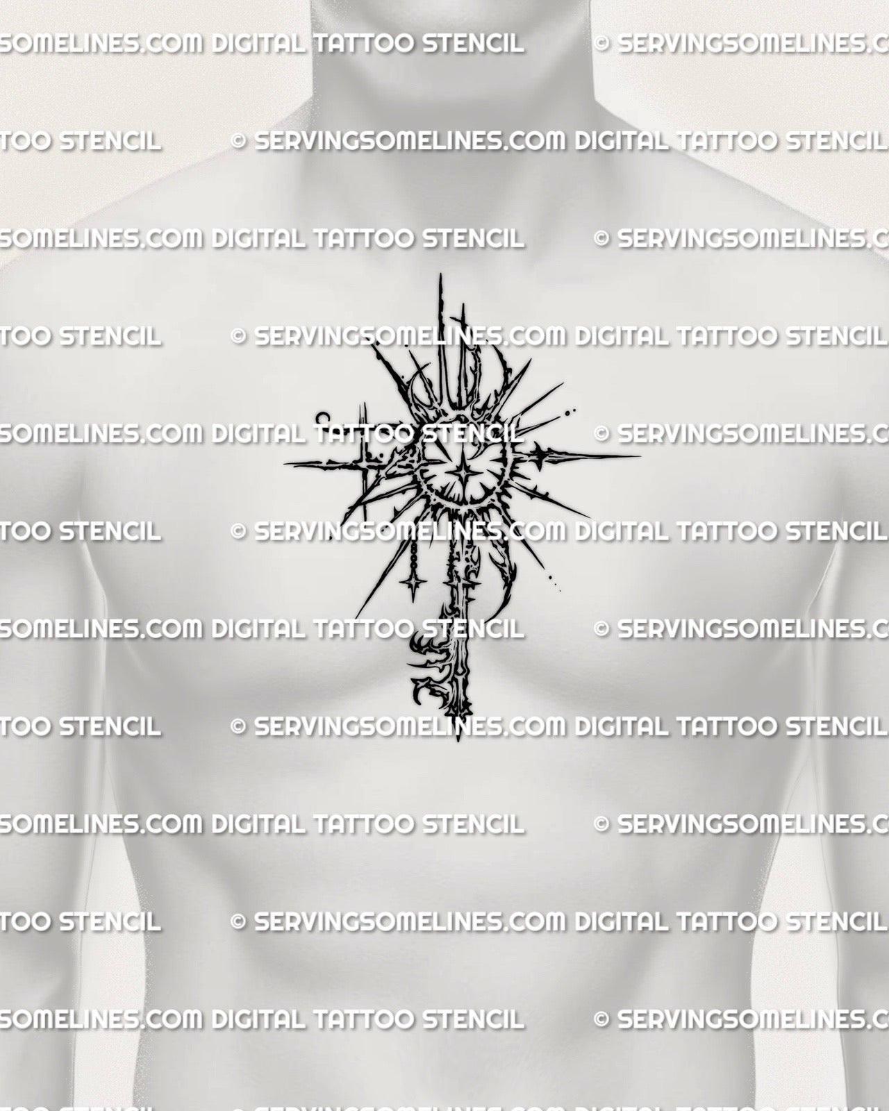 Sunburst sun key tattoo stencil shown on chest center sternum placement, radiant rays, strong outline, high contrast look.