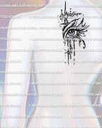 Surreal eye tattoo stencil shown on upper back center placement preview, dark sigil eye design with clean printable files.