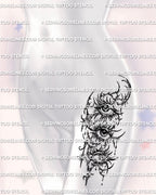 Surreal three eyes stencil displayed on women’s hip placement preview, stacked eye tattoo design with PNG JPG PDF files.