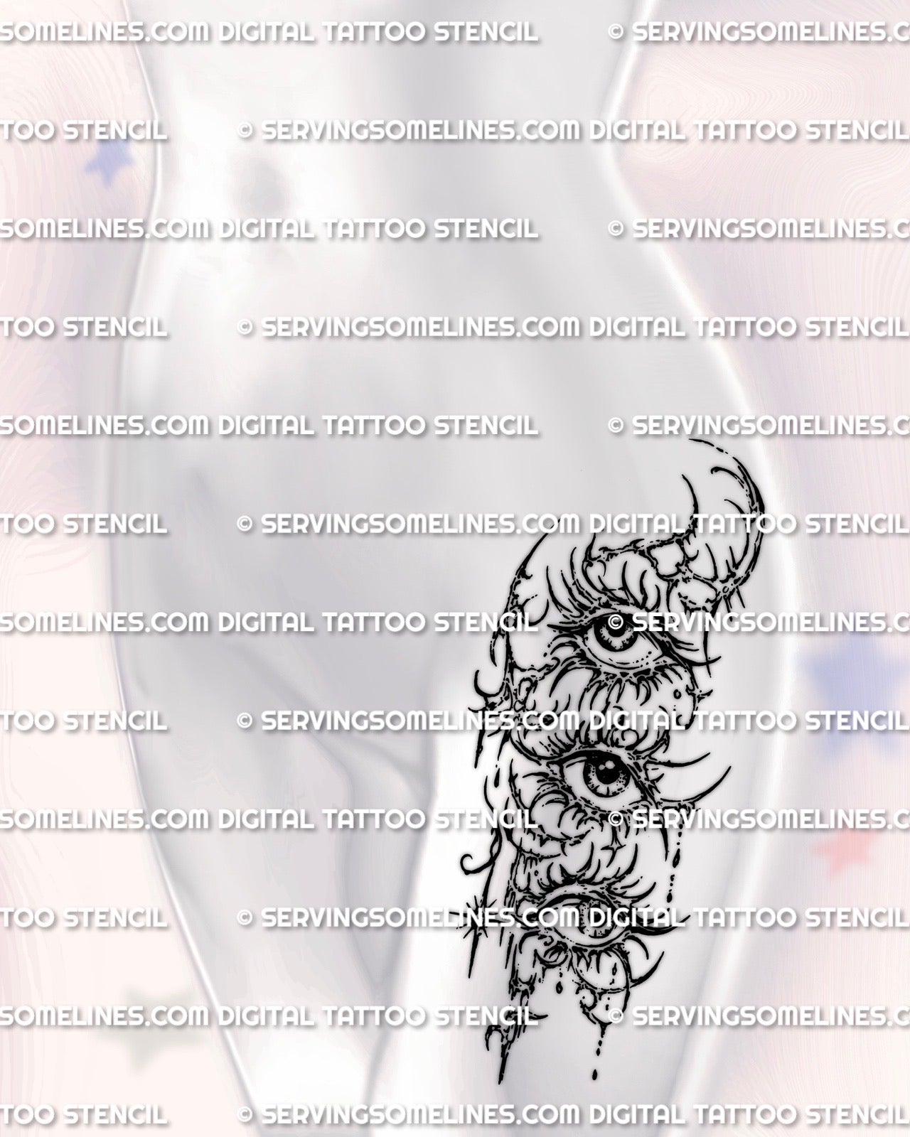Surreal three eyes stencil displayed on women’s hip placement preview, stacked eye tattoo design with PNG JPG PDF files.