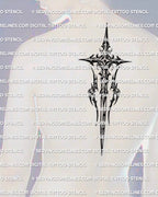 Sword cross tattoo stencil displayed on mens upper back center placement, strong vertical blade, balanced cross arms, statement piece.