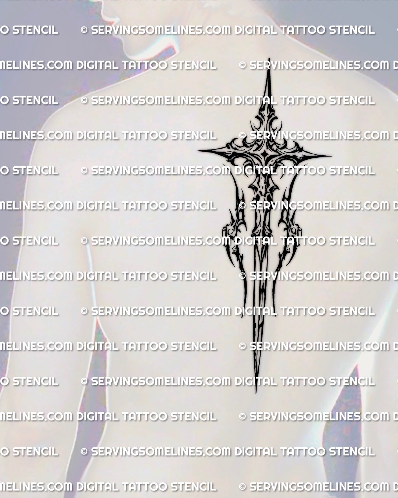 Sword cross tattoo stencil displayed on mens upper back center placement, strong vertical blade, balanced cross arms, statement piece.