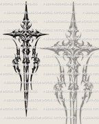 Sword cross tattoo stencil, long sword cross silhouette with spiked neotribal edges, clean centerline, printable digital stencil file.