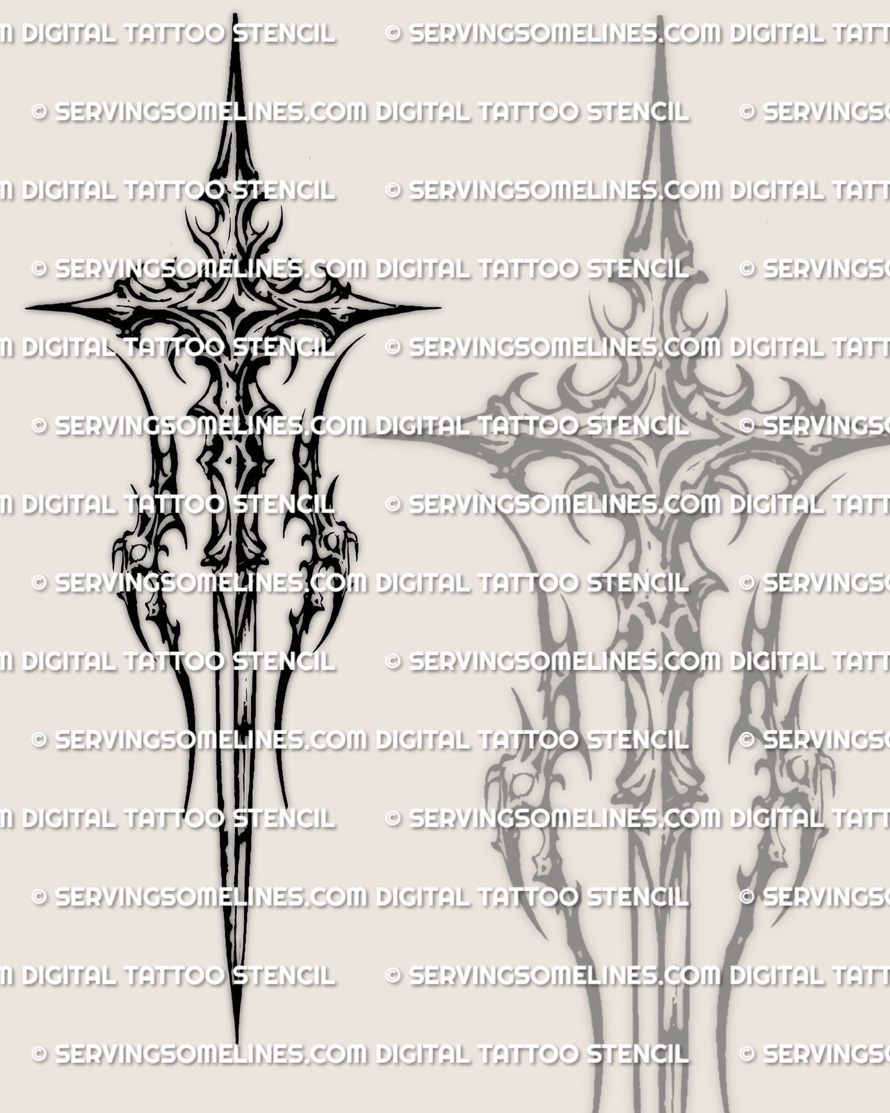 Sword cross tattoo stencil, long sword cross silhouette with spiked neotribal edges, clean centerline, printable digital stencil file.