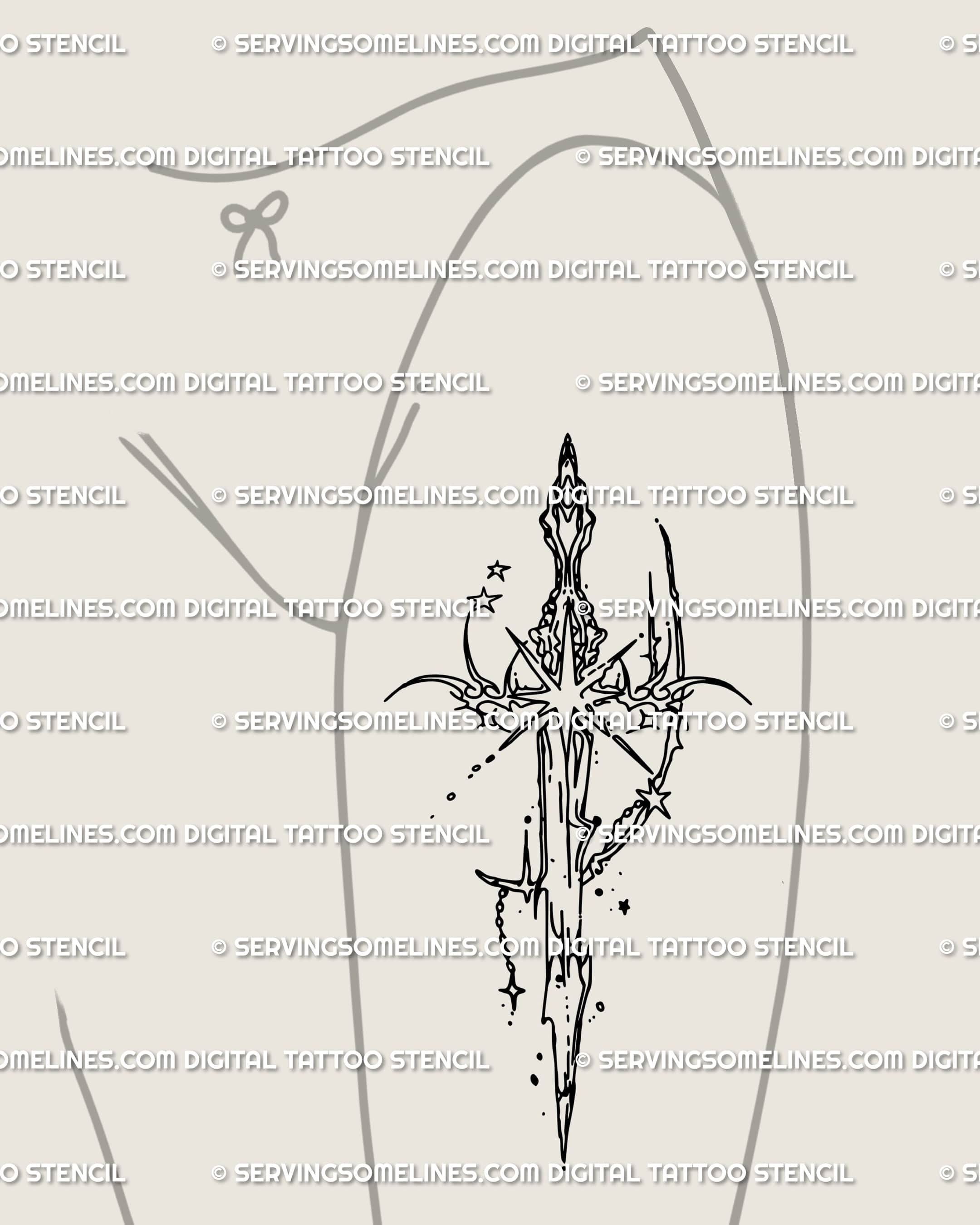 Cyber tribal sword tattoo design on the front thigh with celestial stars and spiky cybersigilism lines flowing vertically for bold placement.