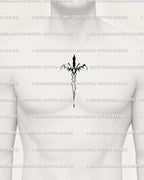 Digital tattoo stencil on men’s chest centered placement, showing neo-tribal sword design, perfect small chest tattoo.